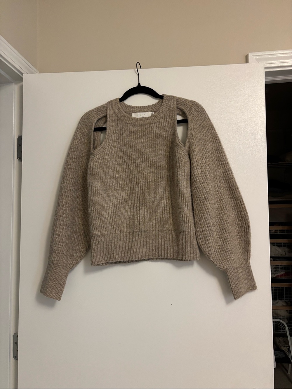 ASTR the Label Taupe Cutout Shoulder Ribbed Sweater